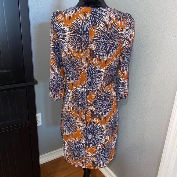 H&M Dress Size 8 Floral Print Brown Blue Knee Length 3/4 Sleeves Boho Retro Chic - Picture 5 of 7